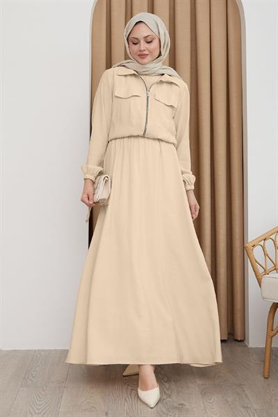 Ceketli Fermuarlı Elbise Taş