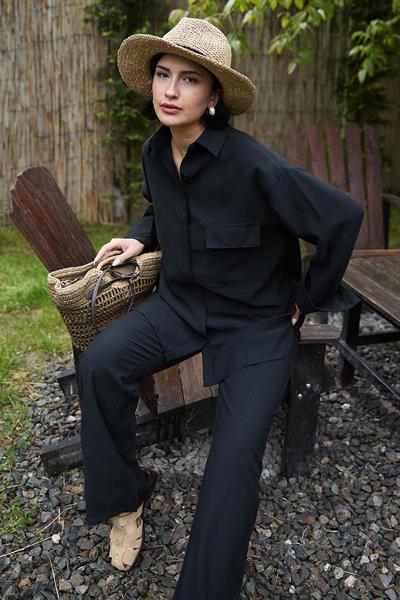 Cep Detay Modal Siyah İkili Takım