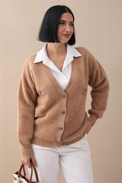 Cep Detaylı Tüylü Camel Triko Hırka