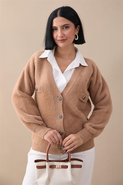 Cep Detaylı Tüylü Camel Triko Hırka