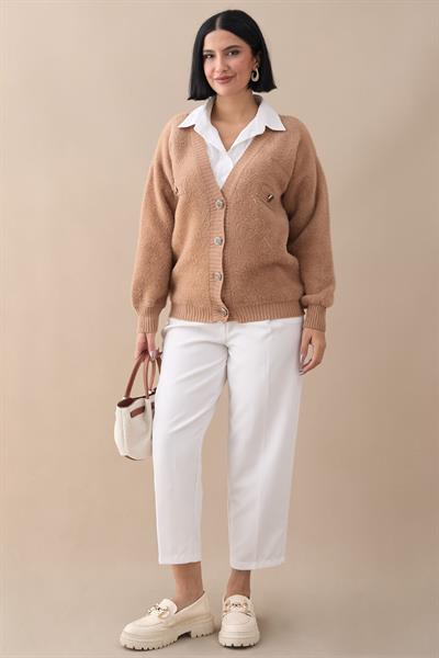 Cep Detaylı Tüylü Camel Triko Hırka