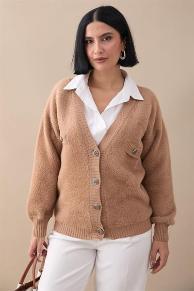 Cep Detaylı Tüylü Camel Triko Hırka