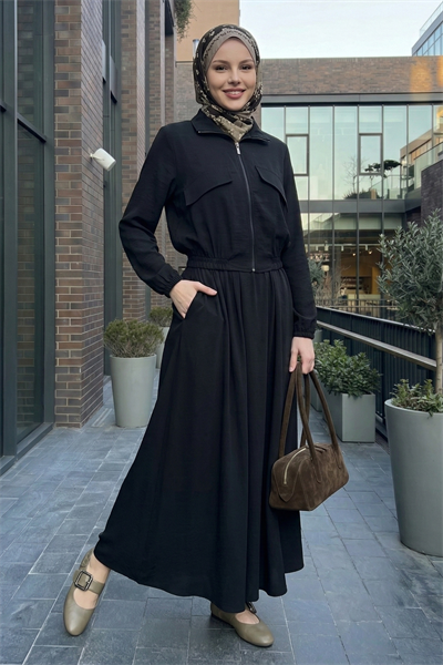 Cep Kapak Detaylı Fermuarlı Siyah Modal Takım