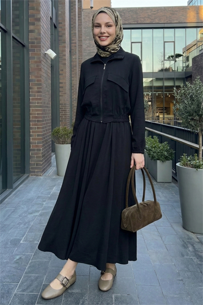 Cep Kapak Detaylı Fermuarlı Siyah Modal Takım