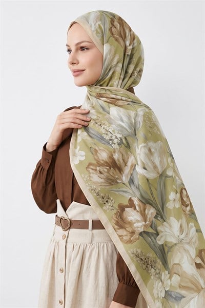 Çiçek Desen Dijital Bambu Kraş Şal - Açık Sarı