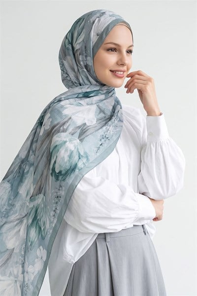 Çiçek Desen Dijital Bambu Kraş Şal - Buz Mavisi