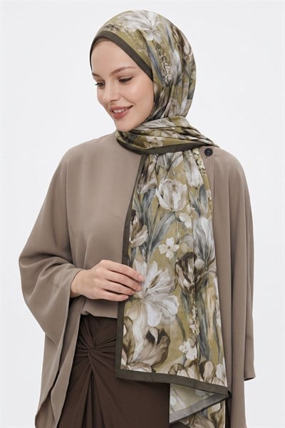 Çiçek Desen Dijital Bambu Kraş Şal - Kahverengi