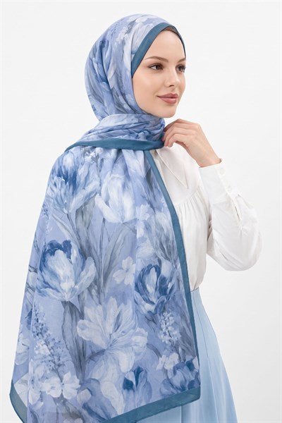 Çiçek Desen Dijital Bambu Kraş Şal - Mavi