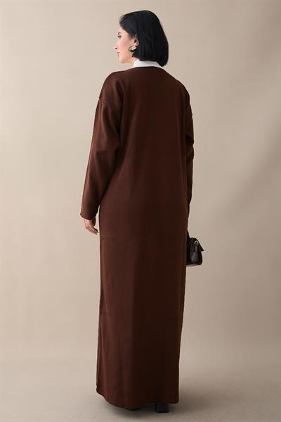 Çiçek Detay Çift Renk Acı Kahve Triko Elbise