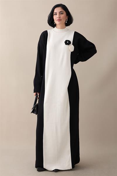 Flower Detail Two-Tone Black Knit Dress