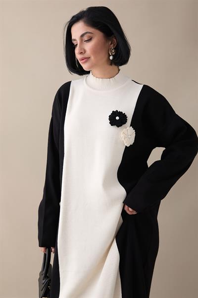 Flower Detail Two-Tone Black Knit Dress