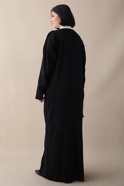 Çiçek Detay Çift Renk Siyah Triko Elbise