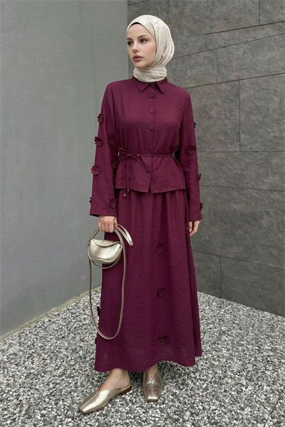 Çiçek Detaylı Gömlekli Bordo Takım