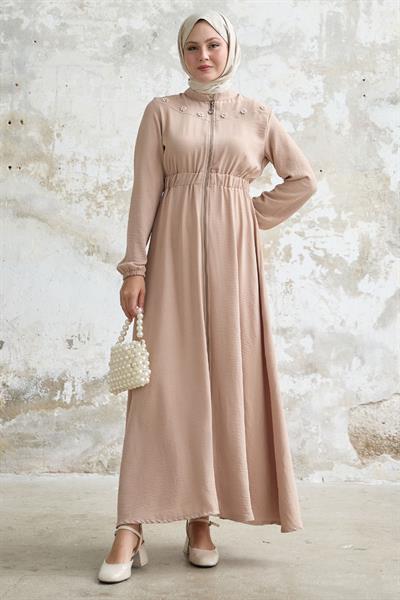 Çiçek İnci Robalı Lastikli Bej Ferace