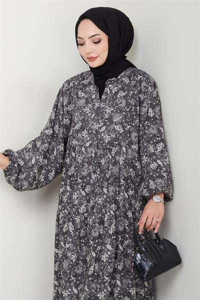Çiçek Patlı Antrasit Viskon Elbise