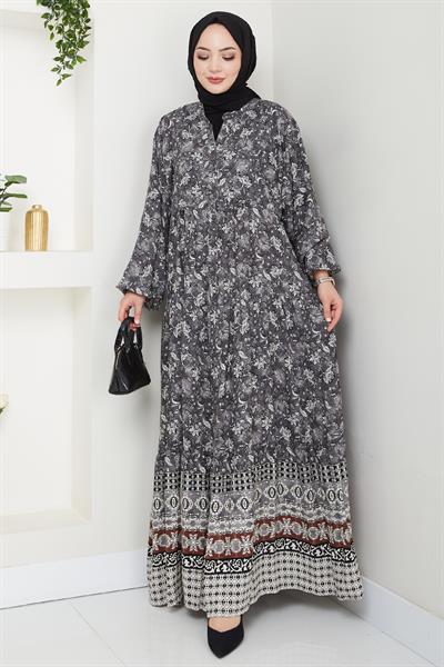 Çiçek Patlı Antrasit Viskon Elbise