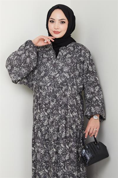 Çiçek Patlı Antrasit Viskon Elbise