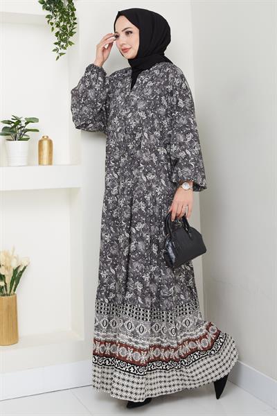 Çiçek Patlı Antrasit Viskon Elbise