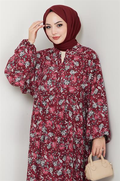 Çiçek Patlı Fuşya Viskon Elbise