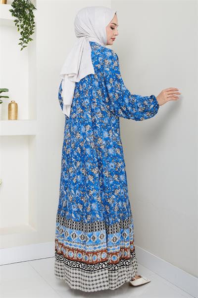 Çiçek Patlı İndigo Viskon Elbise