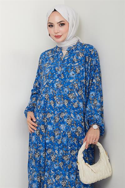 Çiçek Patlı İndigo Viskon Elbise