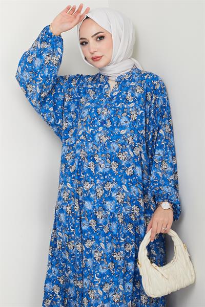 Çiçek Patlı İndigo Viskon Elbise
