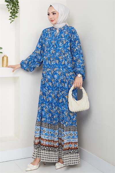 Çiçek Patlı İndigo Viskon Elbise