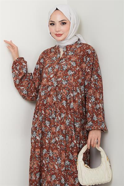 Çiçek Patlı Kahverengi Viskon Elbise