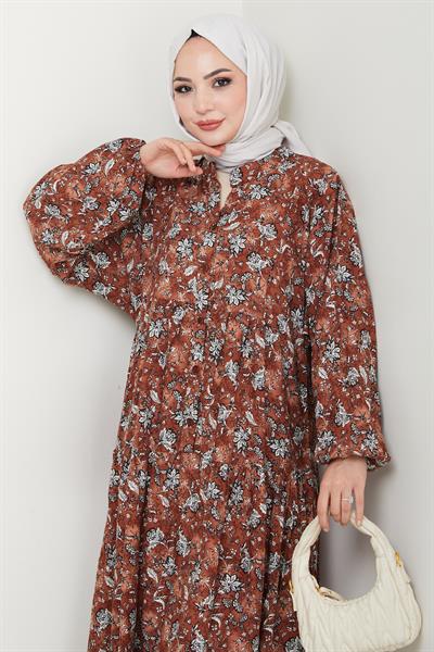 Çiçek Patlı Kahverengi Viskon Elbise