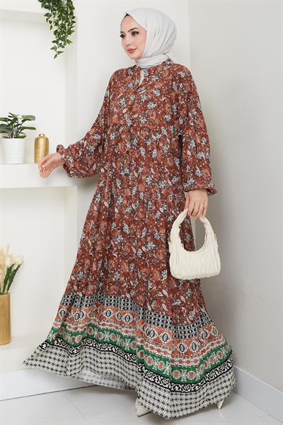 Çiçek Patlı Kahverengi Viskon Elbise