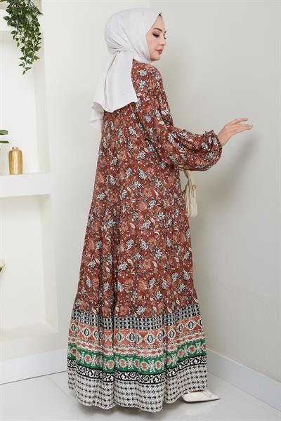 Çiçek Patlı Kahverengi Viskon Elbise