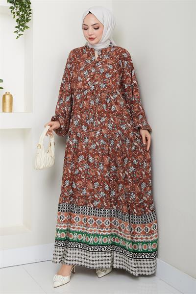 Çiçek Patlı Kahverengi Viskon Elbise