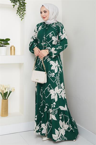 Çiçek ve Şekil Desenli Haki Viskon Elbise