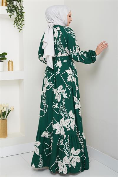 Çiçek ve Şekil Desenli Haki Viskon Elbise