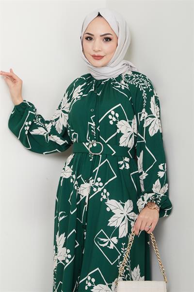 Çiçek ve Şekil Desenli Haki Viskon Elbise
