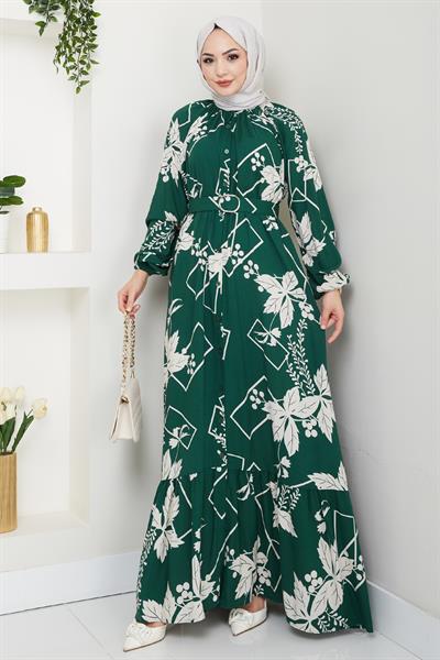 Çiçek ve Şekil Desenli Haki Viskon Elbise