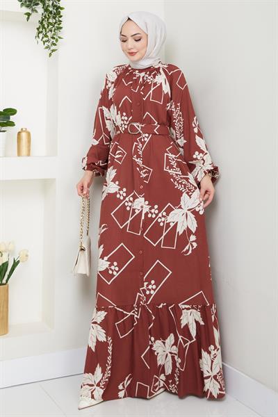 Çiçek ve Şekil Desenli Kırmızı Viskon Elbise