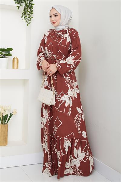 Çiçek ve Şekil Desenli Kırmızı Viskon Elbise