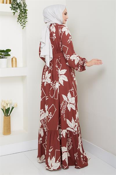 Çiçek ve Şekil Desenli Kırmızı Viskon Elbise