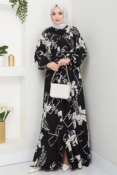 Çiçek ve Şekil Desenli Siyah Viskon Elbise