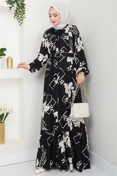 Çiçek ve Şekil Desenli Siyah Viskon Elbise