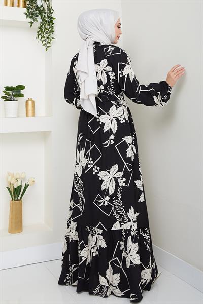 Çiçek ve Şekil Desenli Siyah Viskon Elbise