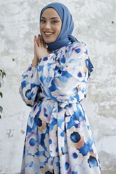 Çiçekli Boydan Düğmeli İndigo Saten Elbise