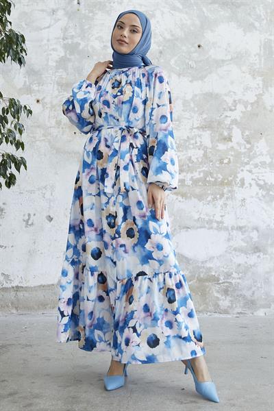 Çiçekli Boydan Düğmeli İndigo Saten Elbise