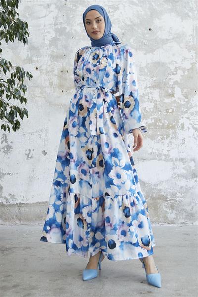 Çiçekli Boydan Düğmeli İndigo Saten Elbise