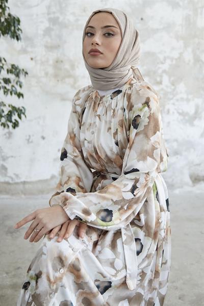 Çiçekli Boydan Düğmeli Kahve Saten Elbise