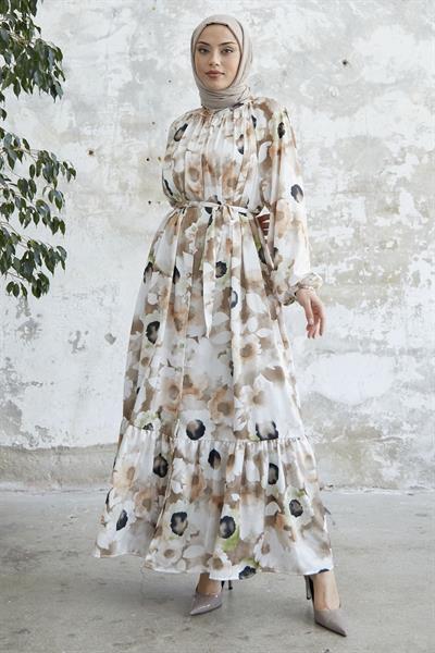 Çiçekli Boydan Düğmeli Kahve Saten Elbise