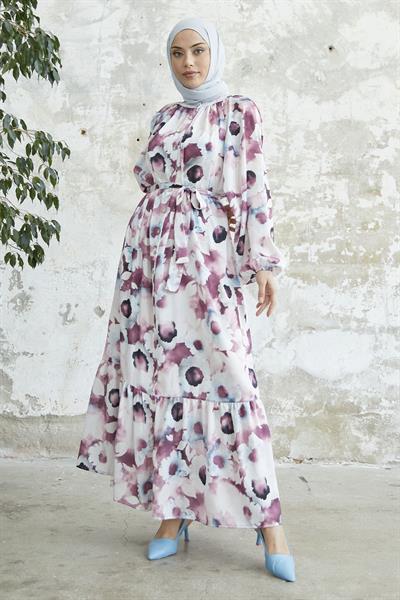 Çiçekli Boydan Düğmeli Pudra Saten Elbise