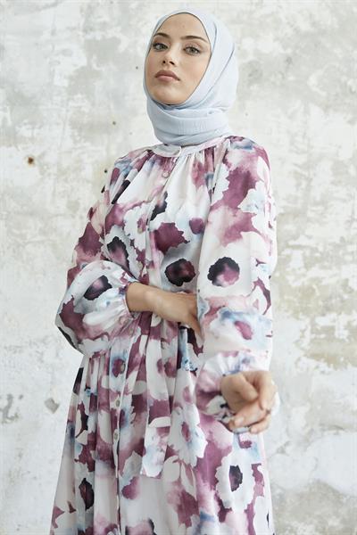 Çiçekli Boydan Düğmeli Pudra Saten Elbise