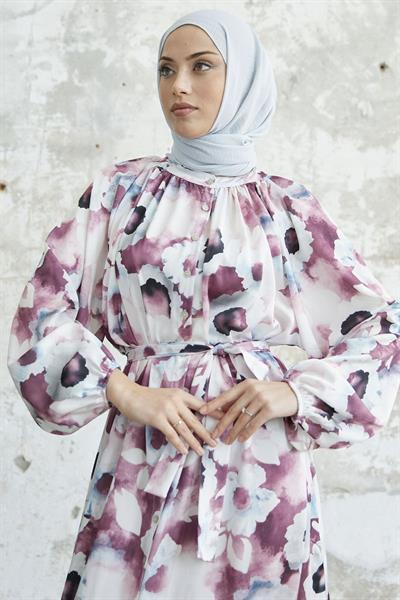 Çiçekli Boydan Düğmeli Pudra Saten Elbise